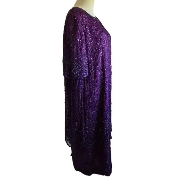 Vintage 90's Purple Beaded Short Sleeve Dress With Shoulder Pads Womens Size 2X - Picture 2 of 16